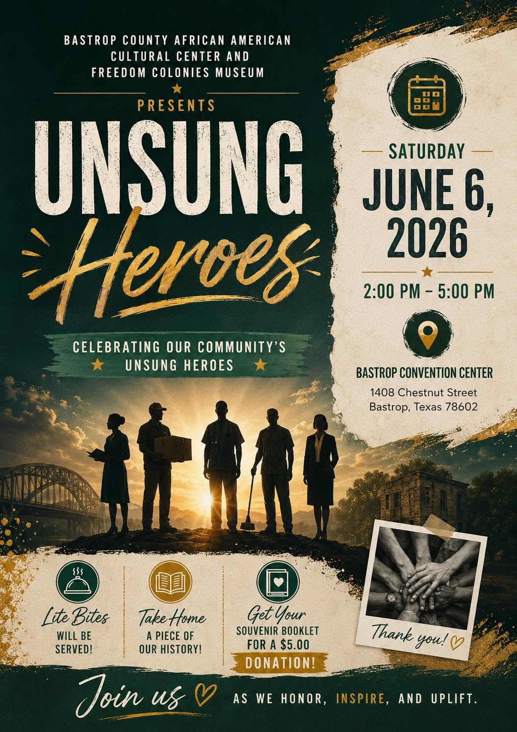 Unsung Heroes event flyer with silhouetted figures