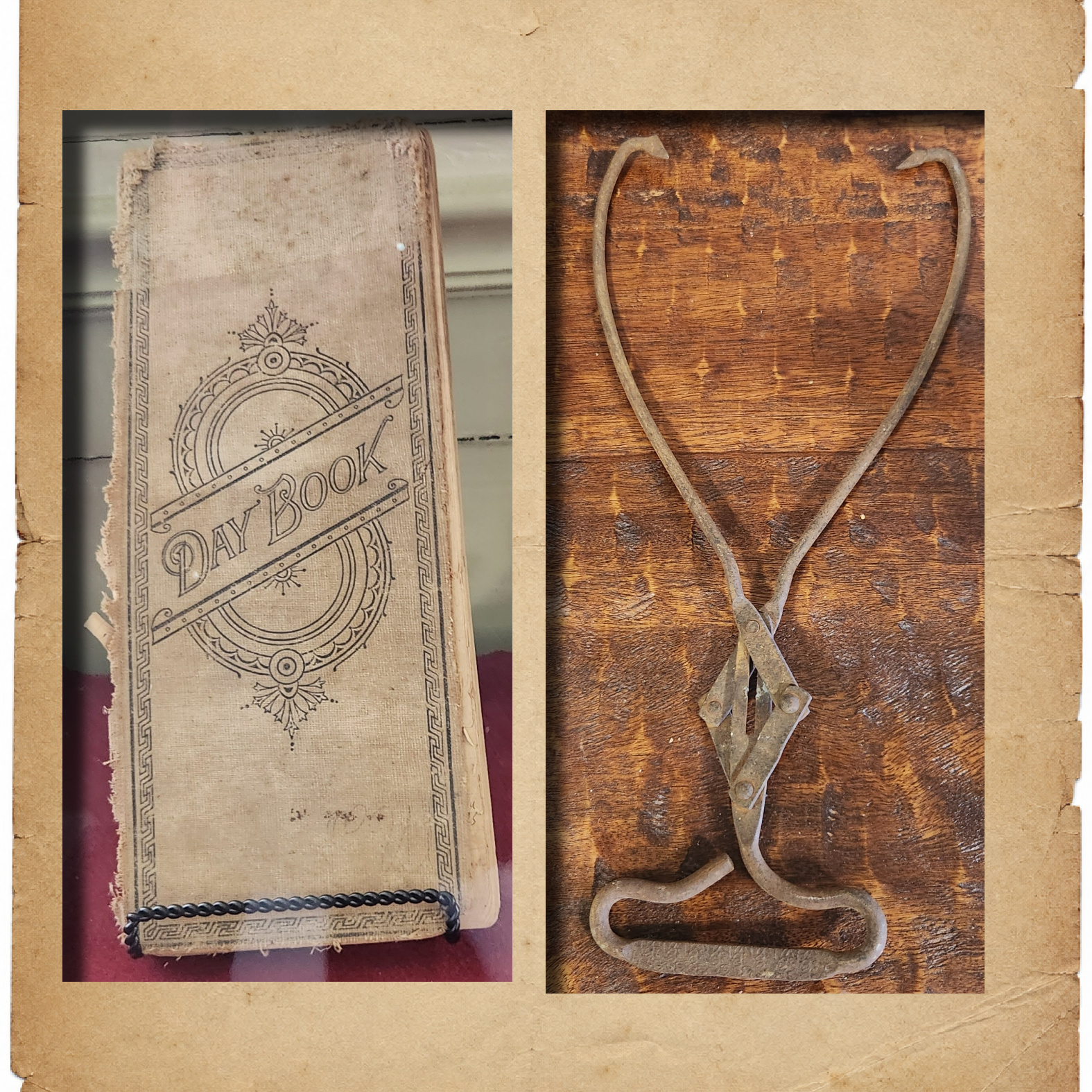 Vintage daybook and rusty iron tool