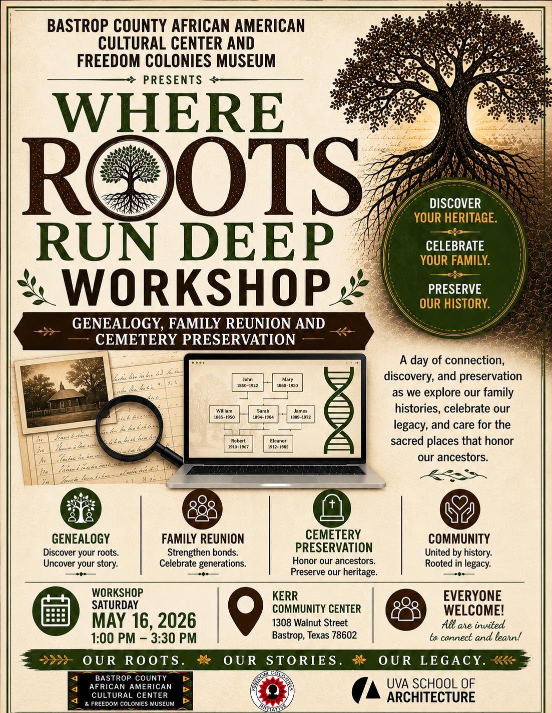 Genealogy workshop poster with tree roots
