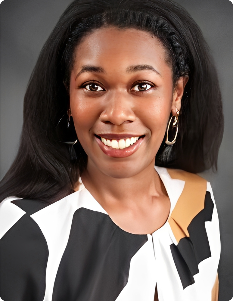 Smiling woman portrait wearing patterned blouse