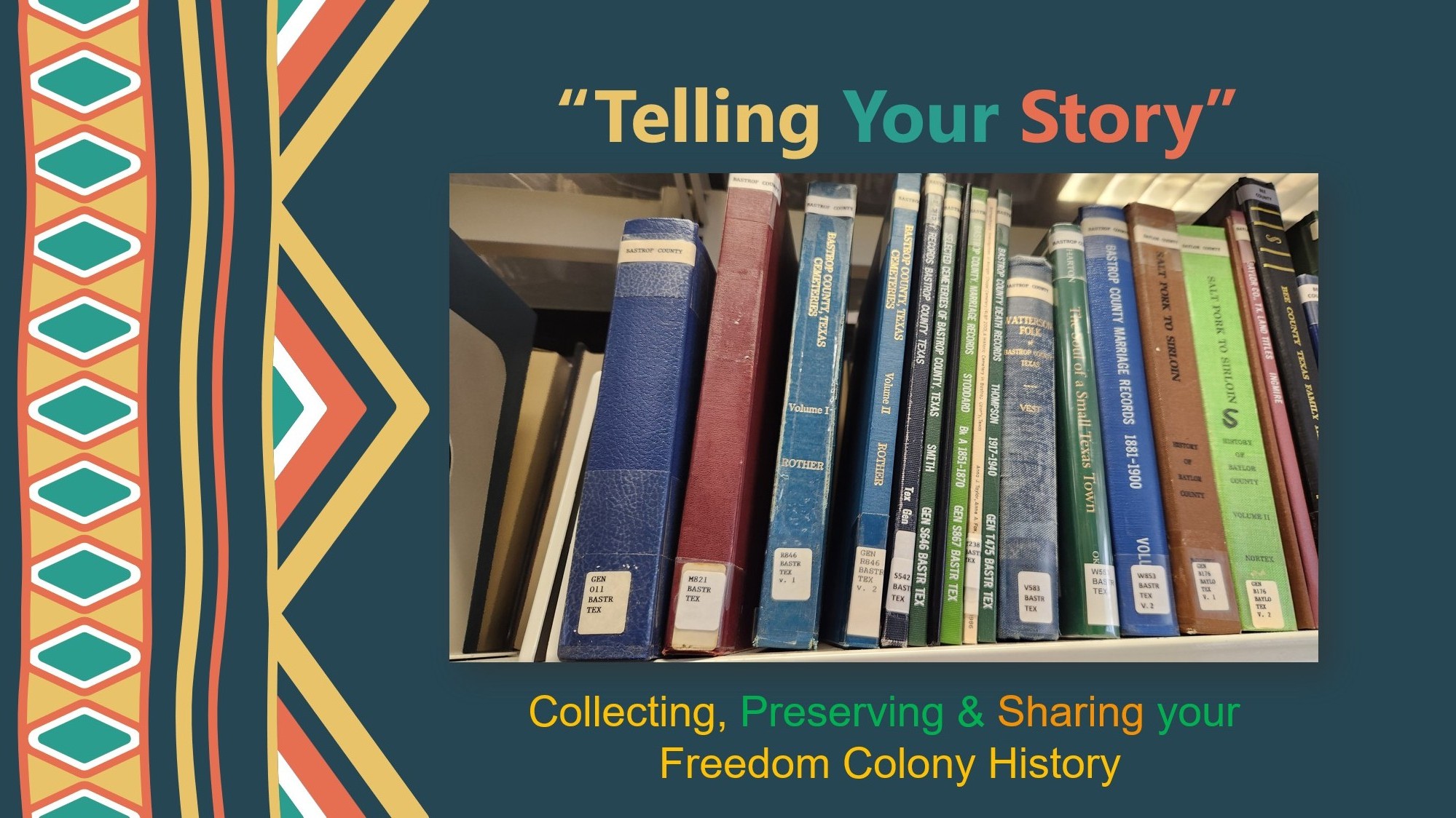 Freedom Colony history books on shelf
