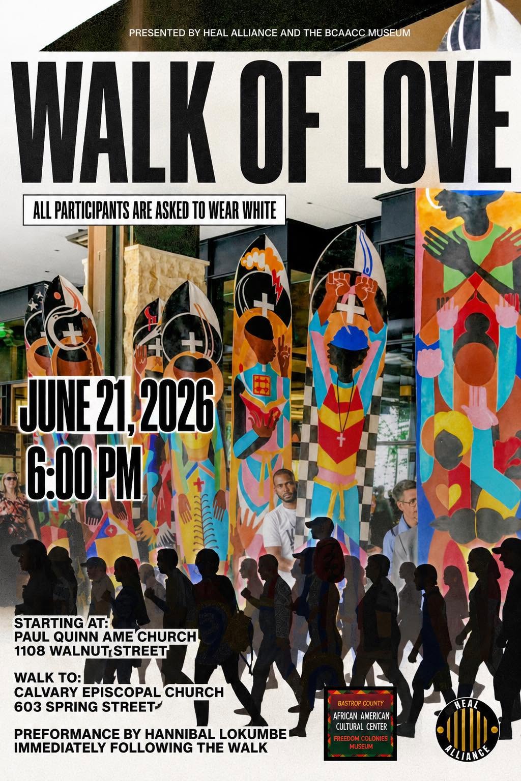 Colorful banners with silhouetted crowd walking